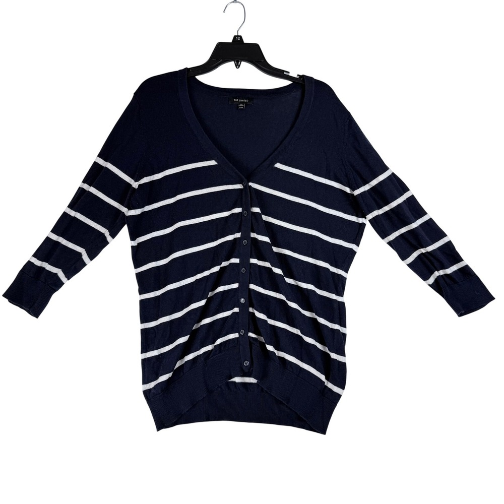 The Limited Striped Cardigan Women XXL Navy White Cotton V-Neck Nautical Preppy